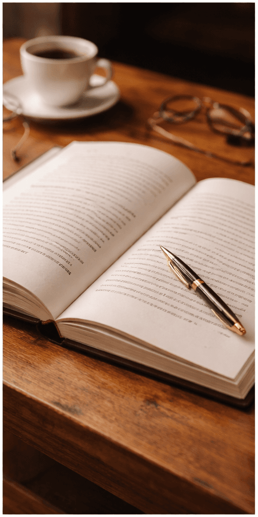 An open book with a pen resting across it, beside a warm cup of coffee, on a wooden table — evoking the act of writing and preserving a life story