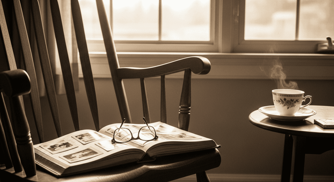 Sepia photograph of a young child sitting on an adult's lap in a rocking chair, both looking at an open photo album together, warm window light, sense of wonder and storytelling