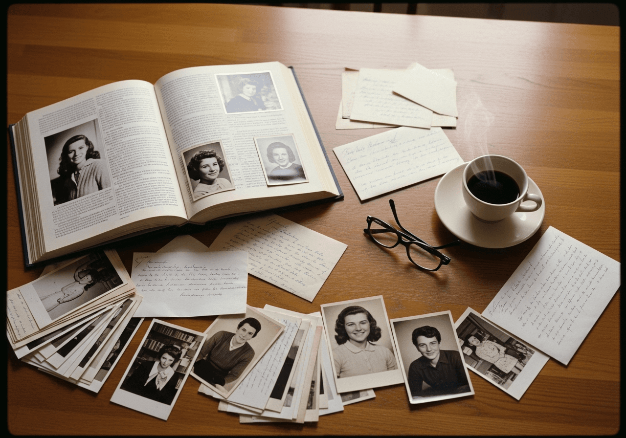 Overhead vintage color photograph of an American kitchen table with an open family photo album, scattered handwritten letters, black and white photographs, a coffee cup — hands visible sorting through memories