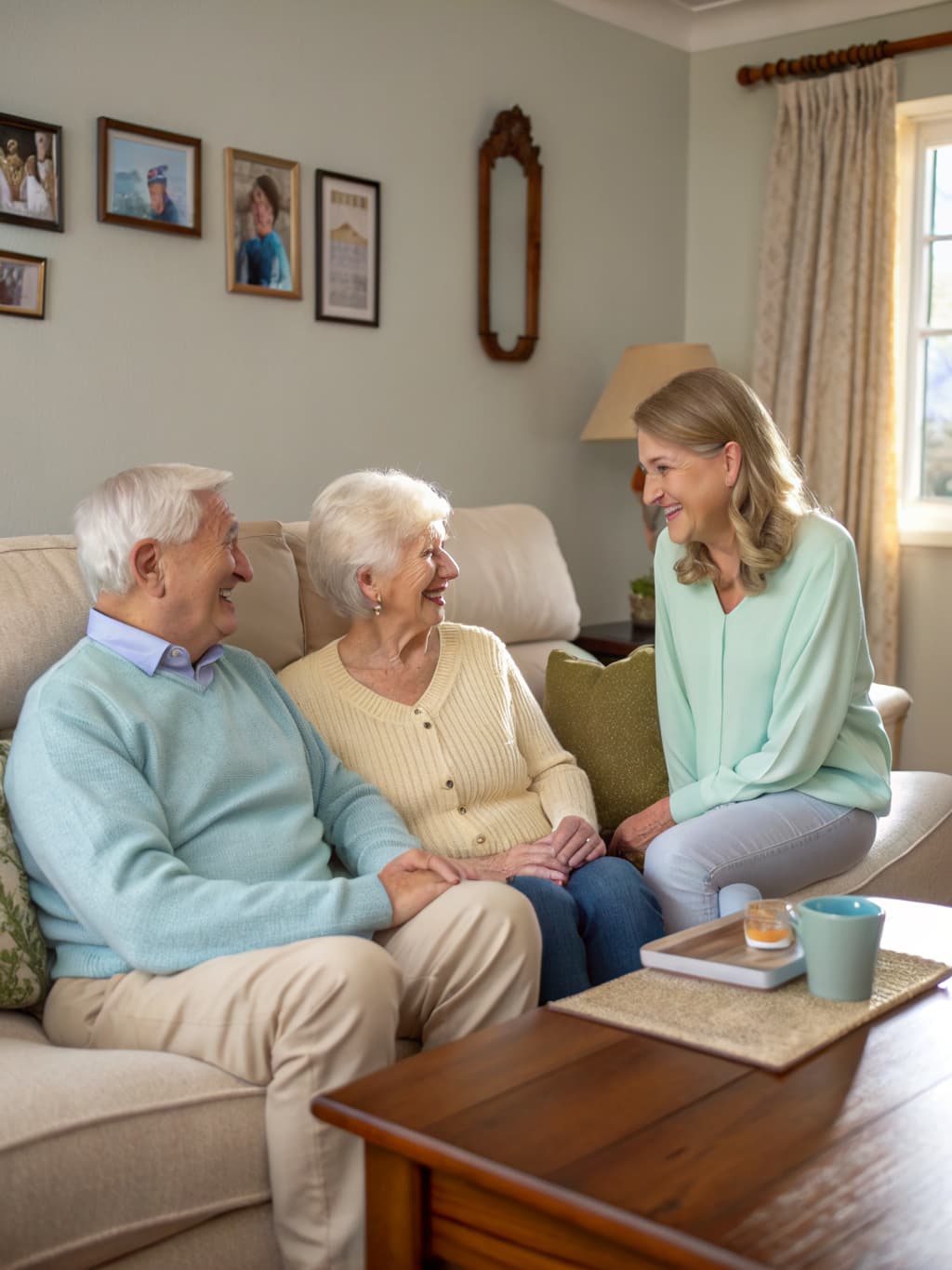 An adult daughter sitting with her elderly parents in their living room, family photos on the wall, all three laughing and talking warmly together