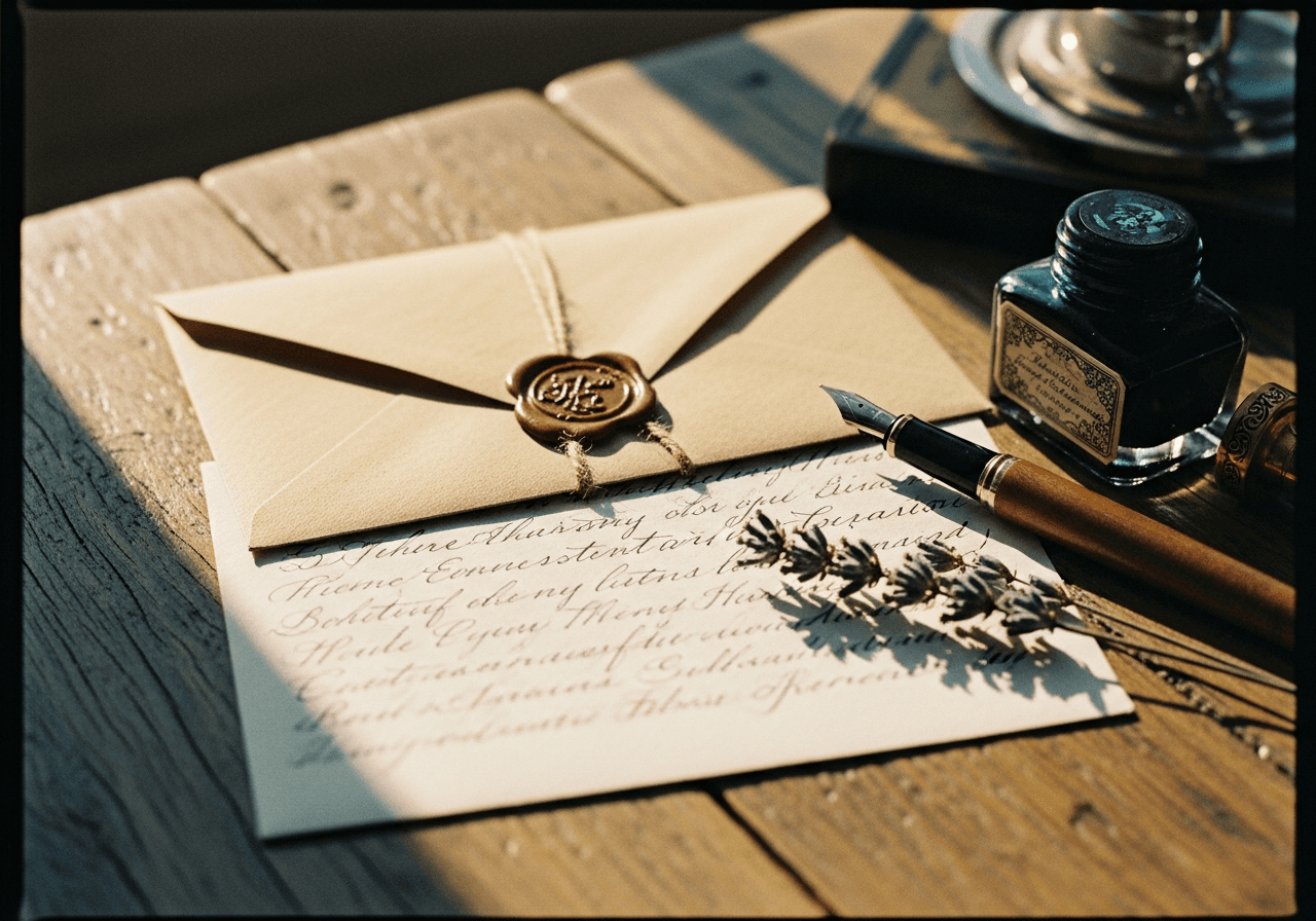 Vintage handwritten postcard with a kraft envelope, a fountain pen and ink bottle resting beside it on light wood — evoking a personal and precious handcrafted gift
