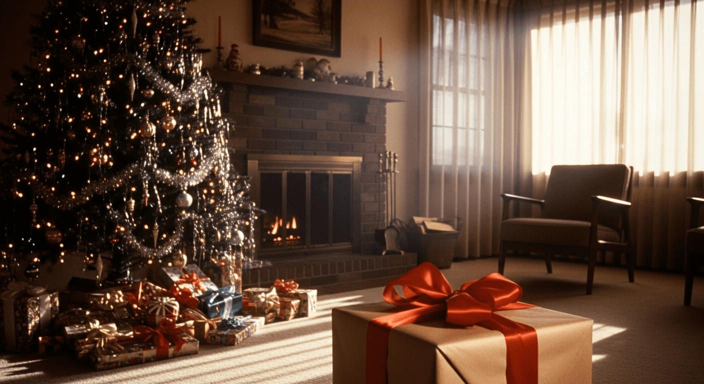 Warm vintage color photograph of an American family Christmas morning, children in pajamas around a decorated tree, a kraft-wrapped gift with red ribbon in the foreground, golden morning light