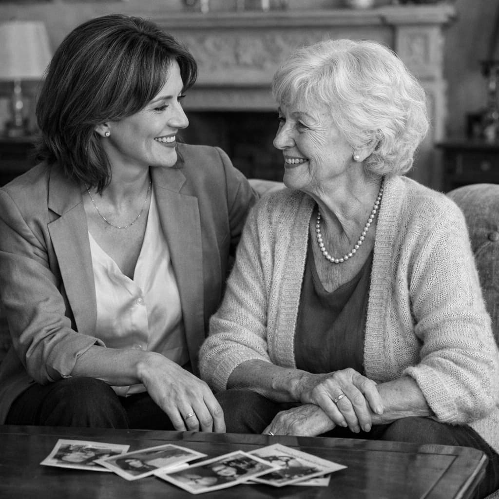 A daughter and her elderly mother sitting together, both smiling warmly as they look at old family photographs spread on the table between them