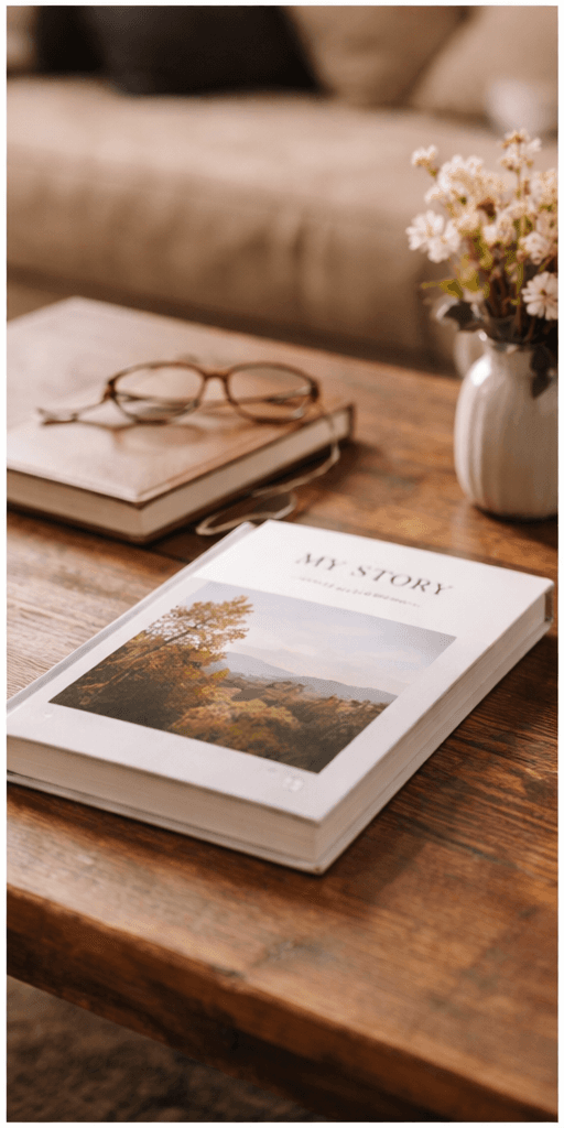 A beautifully printed hardcover memoir titled My Story resting on a warm wooden table beside reading glasses and flowers