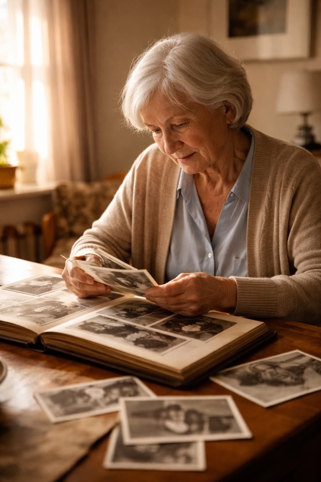 Elderly woman with a photo album in warm morning light