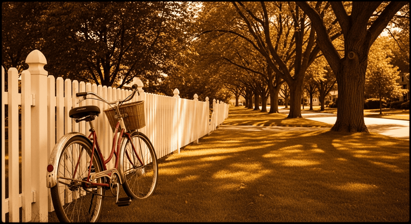 Sepia photograph of a child riding a red bicycle down a sun-dappled suburban street in 1950s America, another child running behind laughing