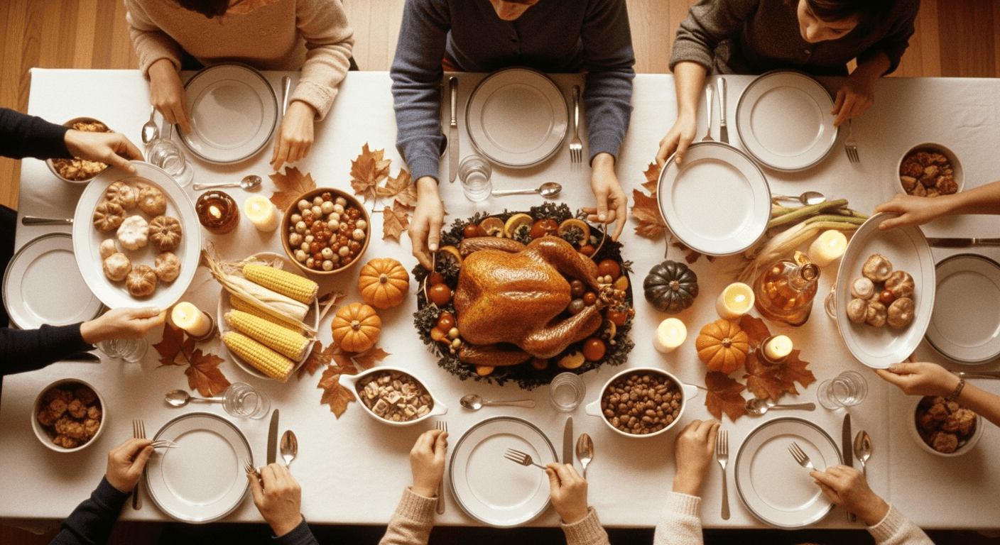 Blurred warm photograph of a Thanksgiving table with multiple generations reaching for dishes, candlelight, no identifiable faces