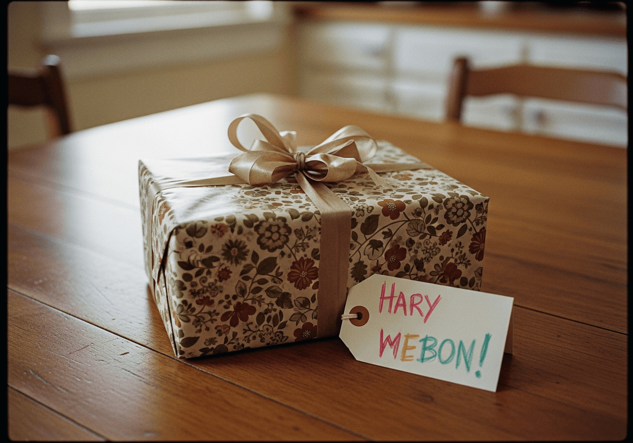 Warm vintage color photograph of a child holding out a lovingly but clumsily wrapped gift with a big smile — misfolded paper, visible tape — authentic heartfelt gesture